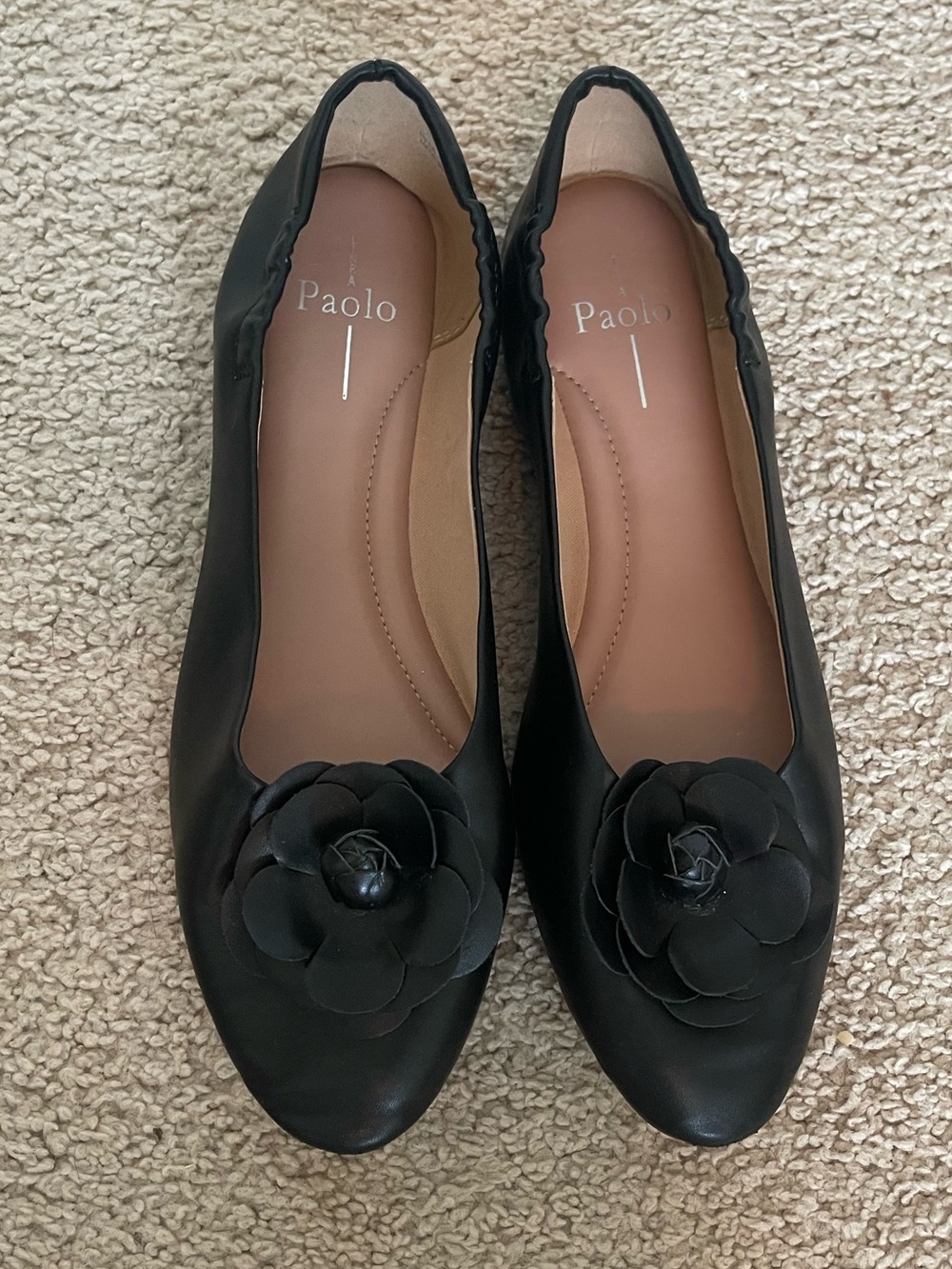Linea Paolo Nina Black Leather Ballet Flats With Decorative Rosette Size 10